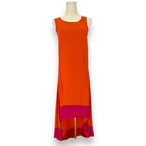 Sea & Lily Color Block Silk Maxi Dress High Low Hem Orange Pink XS Summer Bright